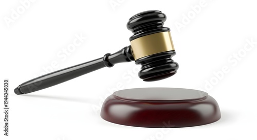 A gavel rests on a sound block in a courtroom setting with a white background