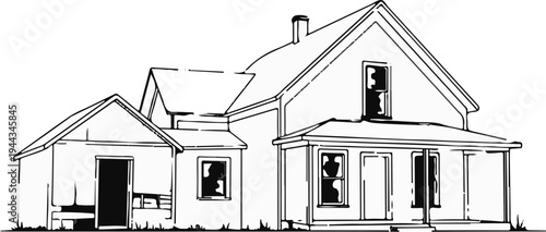 Black and white illustration of a rustic, multi-sectioned house with a porch and grass