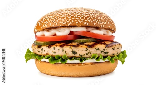 A delicious grilled chicken burger with lettuce, tomato, and sesame seed bun on a white background