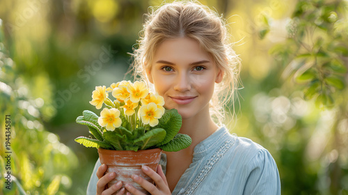 Young woman smiling while holding a potted primrose plant outdoors  