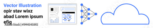 Data analysis, cloud storage, artificial intelligence, machine learning, information systems, innovation. Diagram of neural network connecting data to a cloud. Data analysis and cloud storage concept