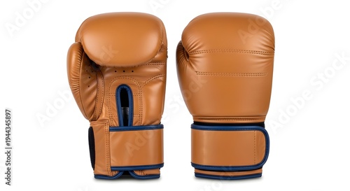 A pair of brown leather boxing gloves with blue trim on a white background