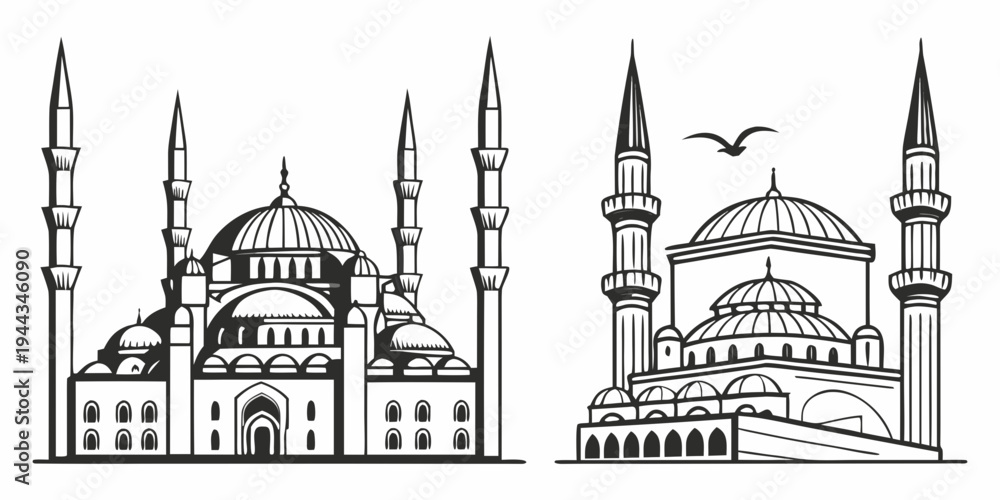 Fototapeta premium Two intricately detailed mosque illustrations showcasing their unique architectural features