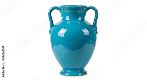 A beautiful teal vase with two handles on a white background