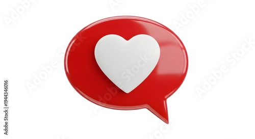 A red speech bubble with a white heart on a plain white background