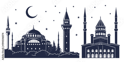 Silhouette of a mosque with minarets and a crescent moon in the night sky
