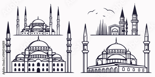 Illustration of three different architectural styles of mosques with minarets and domes