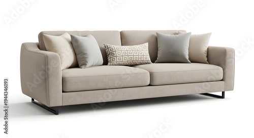 A modern beige sofa with pillows on a white background in a living room