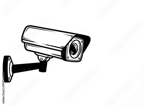 Black and white illustration of a security surveillance camera mounted on a bracket
