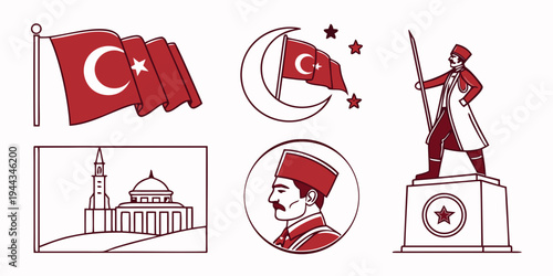 Collection of turkish symbols and monuments including flags, mosque, and statue