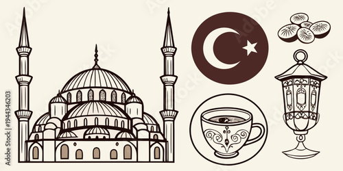 A detailed illustration of a mosque with minarets and a crescent moon, alongside a turkish flag.