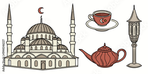 A detailed illustration of a mosque with two cups of tea in the foreground