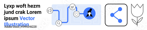 Technology, e-commerce, data sharing, user connection, minimalism, digital interaction. Stylized icons of a user profile, shopping cart share symbol and a floral outline. Technology and e-commerce