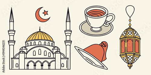 A collection of symbols representing islamic culture and traditions