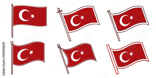 Six red and white flags of turkey with a white star and crescent waving on flagpoles