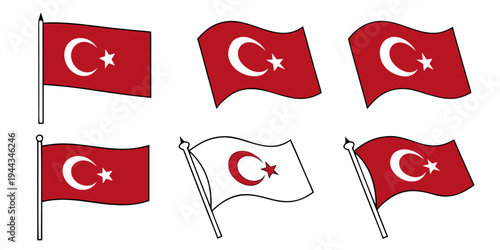 Six waving flags of turkey with white and red colors and a crescent and star