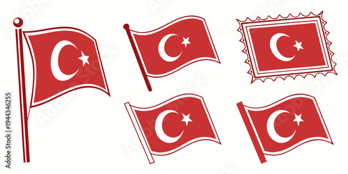 A collection of five flags of turkey in different shapes and sizes flying in the wind