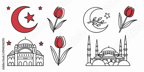 Religious symbols and landmarks representing islam and christianity