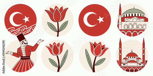 A collection of various types of roses with a turkish flag in the center