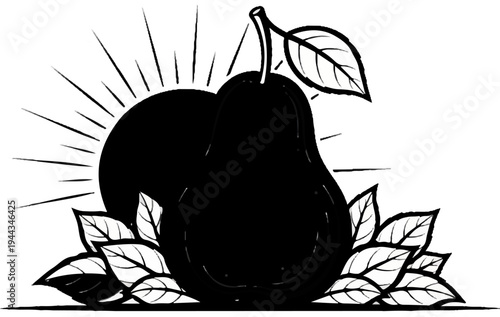 Black pear with sunburst and leaves, black and white illustration