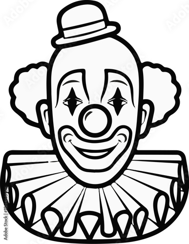 Black and white illustration of a smiling clown's face with a ruffled collar and hat