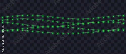 Three long strands of glowing green string lights illuminate a darkfor celebration