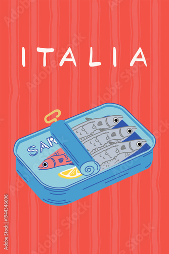 Italia Sardines. Italian sketch. A fun, modern vector illustration of canned sardines on a bright retro-style background. A poster for a kitchen or cafe, background or decor, wall poster