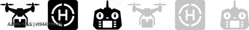 Collection of drone technology icons including a delivery drone, a designated landing pad, and a remote control, presented in both solid and hatched line styles, perfect for modern tech designs.