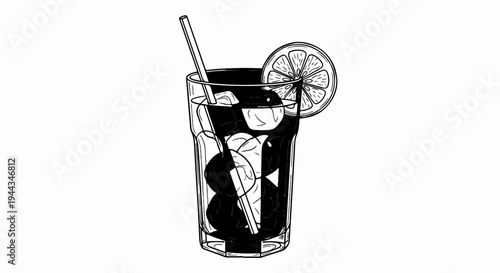 Black and white illustration of a tall glass of dark soda with ice