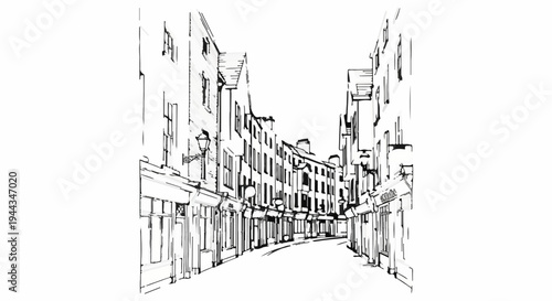 Black and white sketch of a winding street with shops