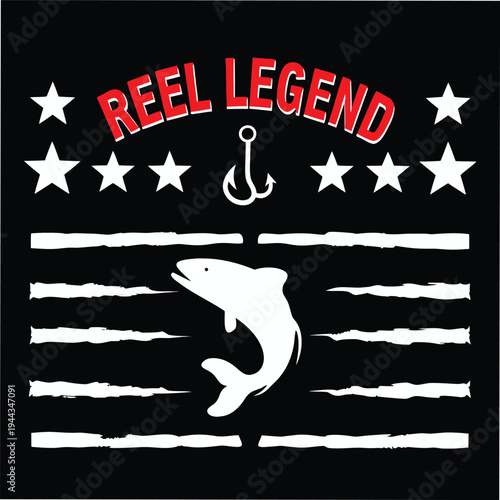 White stylized fish jumps amid stars and fishing hook under the words reel legend