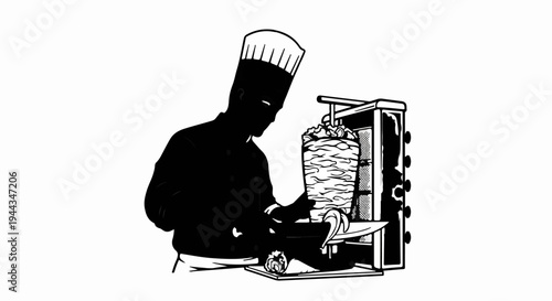 Black and white illustration of a chef carving a vertical rotisserie with a knife