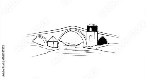 Black and white sketch of an old stone bridge over a river with hills in background