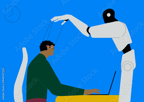 Concept of artificial intelligence manipulating human behavior. AI robot controlling a person like a puppet on strings, symbolizing digital influence, algorithmic control, and dependence on technology