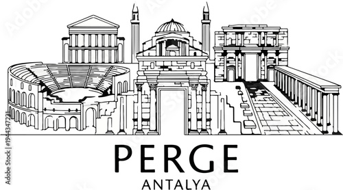 Ancient architectural ruins with text "PERGE ANTALYA" at the bottom