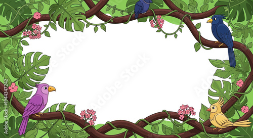 Jungle Frame with Colorful Birds and Tropical Leaves