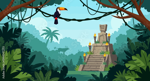 Jungle Temple Ruins with Toucan and Deer, Ancient Stone Structure, Lush Greenery