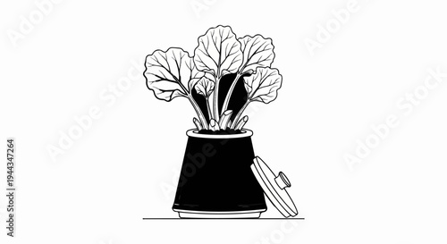 Black pot with leafy plant and side lid