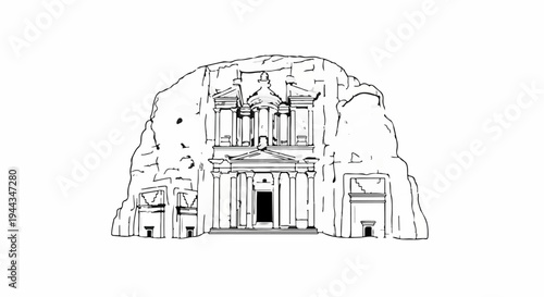 Ancient carved stone facade with classical columns and ornate pediment