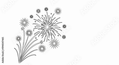 Black and white sketch of bursting fireworks with starbursts and trails
