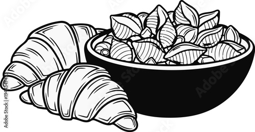Black and white sketch of croissants and a bowl of nuts