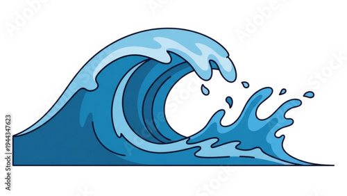 A large blue wave crashes powerfully on the ocean surface with water splashing.