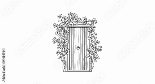 An old wooden door is covered with blooming vines and flowers