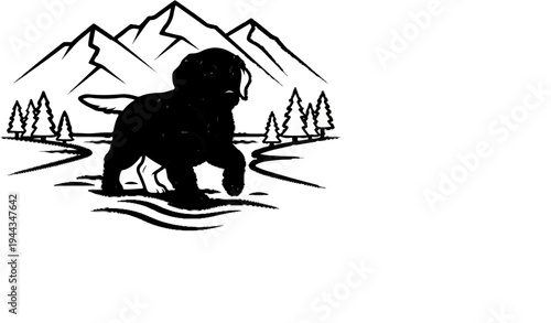 Black puppy walks near mountains, trees and a river