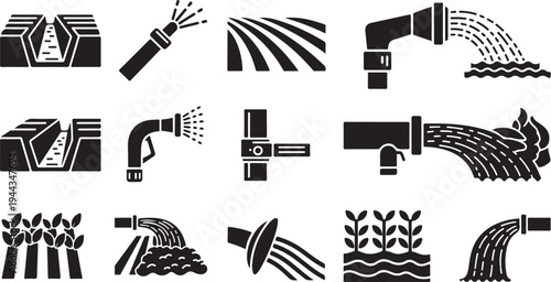 Black and white icons of water pipes and sprinklers