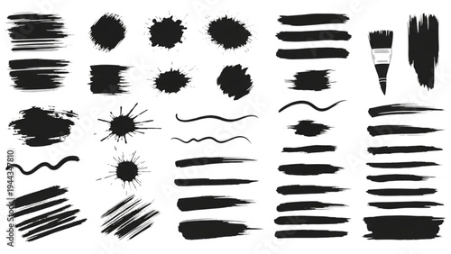 A collection of various black brush strokes and marks on a white background with paint and brushes.
