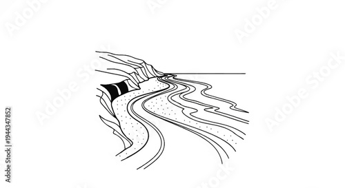 Black and white illustration of a winding river flowing from cliffs towards the sea