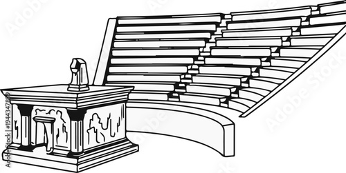 Ancient lecture hall with tiered seating and ornate podium