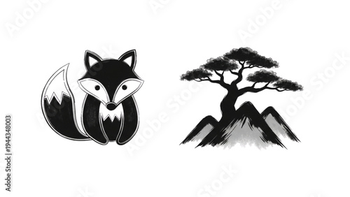 A serene mountain landscape with a fox and a bonsai tree.