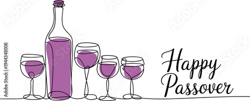 Bottle and Wine Glasses with Happy Passover Text Minimalist Line Art Festive Celebration